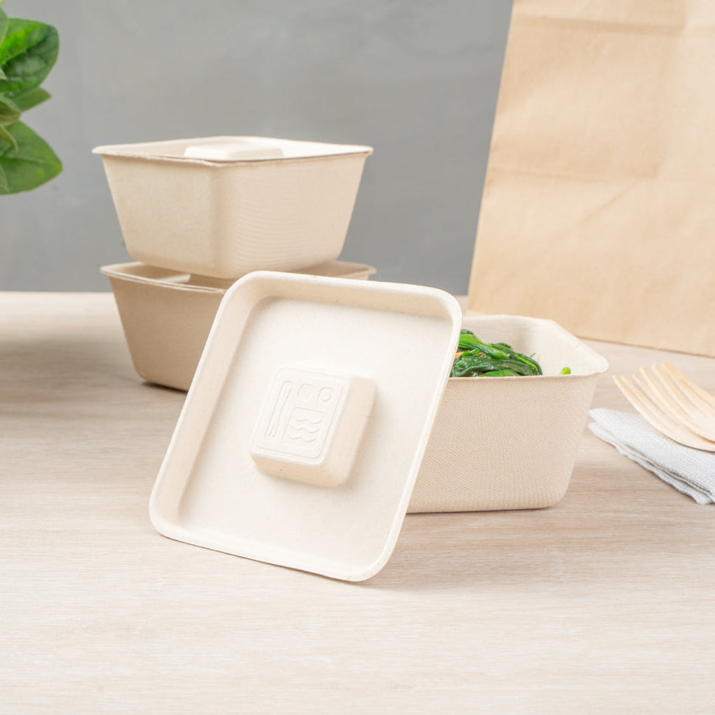 Pulp Tek Square Natural Sugarcane / Bagasse Flat Lid - Fits 9 oz Bowl - 100 count box