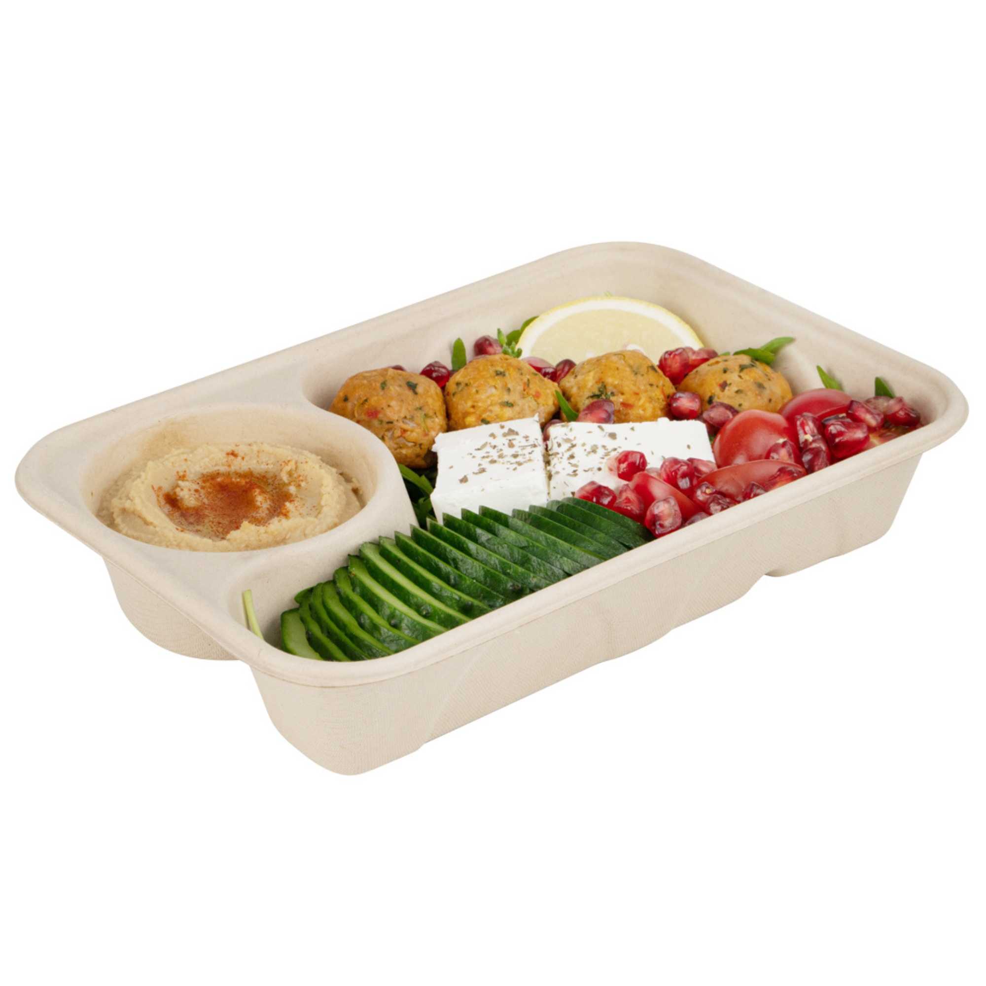 Pulp Tek 34 oz Rectangle Natural Sugarcane / Bagasse To Go Container - 2-Compartment - 9 1/2" x 6 1/4" x 1 3/4" - 100 count box