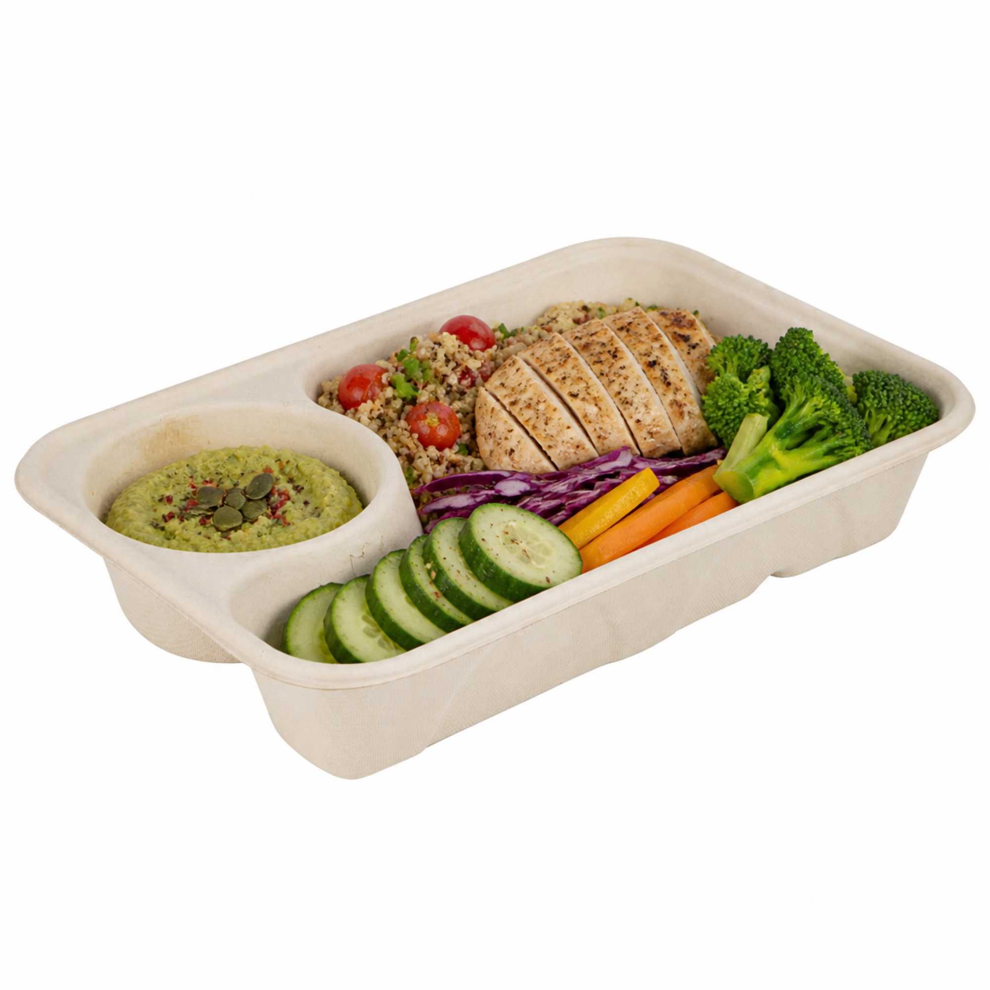 Pulp Tek 34 oz Rectangle Natural Sugarcane / Bagasse To Go Container - 2-Compartment - 9 1/2" x 6 1/4" x 1 3/4" - 100 count box