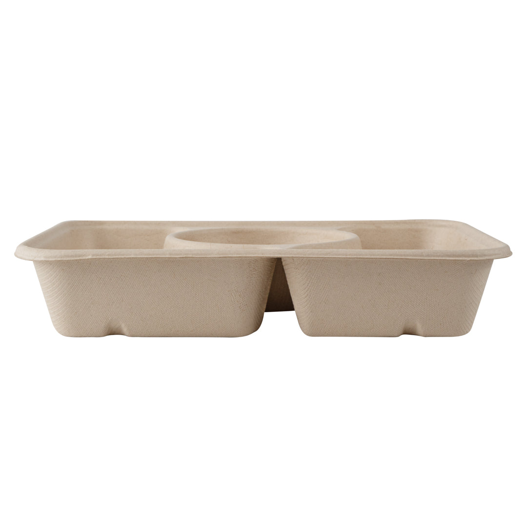 Pulp Tek 31 oz Rectangle Natural Sugarcane / Bagasse To Go Container - 3-Compartment - 9 1/2" x 6 1/4" x 1 3/4" - 100 count box