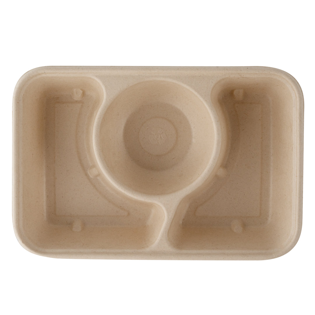 Pulp Tek 31 oz Rectangle Natural Sugarcane / Bagasse To Go Container - 3-Compartment - 9 1/2" x 6 1/4" x 1 3/4" - 100 count box