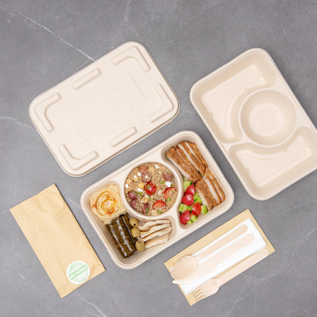 Pulp Tek 31 oz Rectangle Natural Sugarcane / Bagasse To Go Container - 3-Compartment - 9 1/2" x 6 1/4" x 1 3/4" - 100 count box