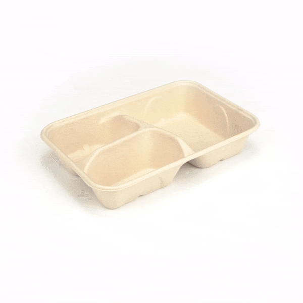 Pulp Tek 30 oz Rectangle Natural Sugarcane / Bagasse To Go Container - 3-Compartment - 9 1/2" x 6 1/4" x 1 3/4" - 100 count box