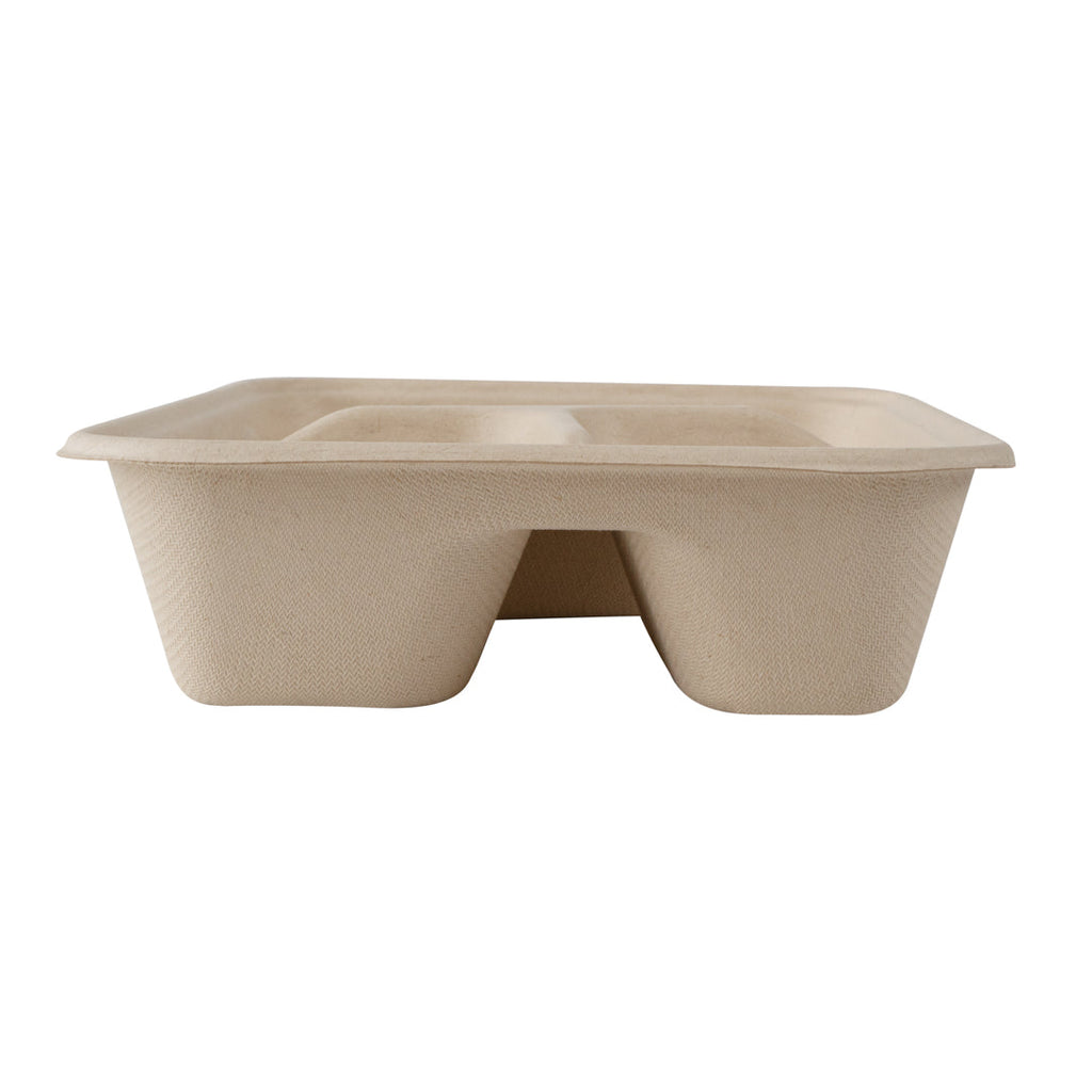 Pulp Tek 30 oz Rectangle Natural Sugarcane / Bagasse To Go Container - 3-Compartment - 9 1/2" x 6 1/4" x 1 3/4" - 100 count box