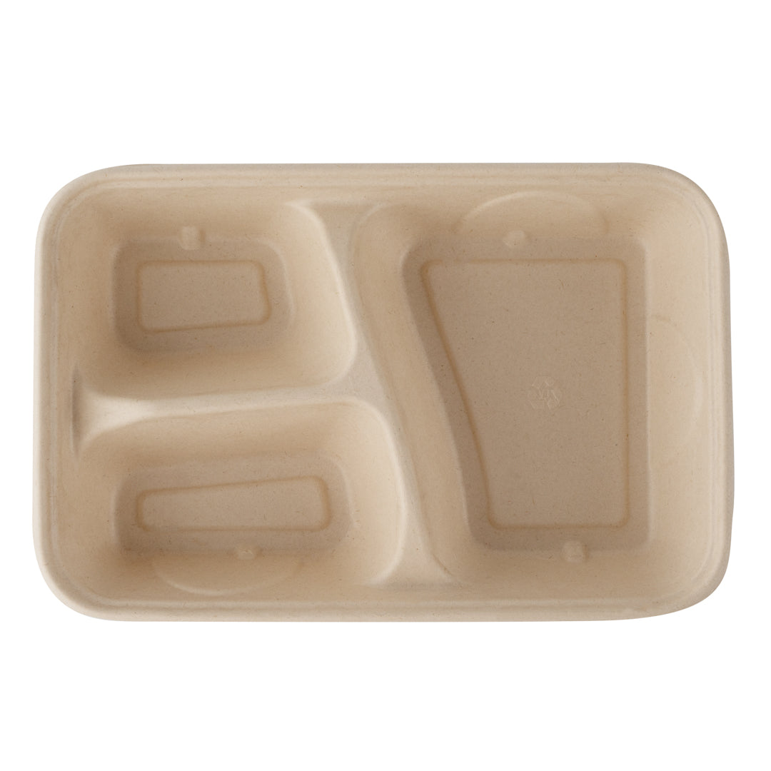 Pulp Tek 30 oz Rectangle Natural Sugarcane / Bagasse To Go Container - 3-Compartment - 9 1/2" x 6 1/4" x 1 3/4" - 100 count box