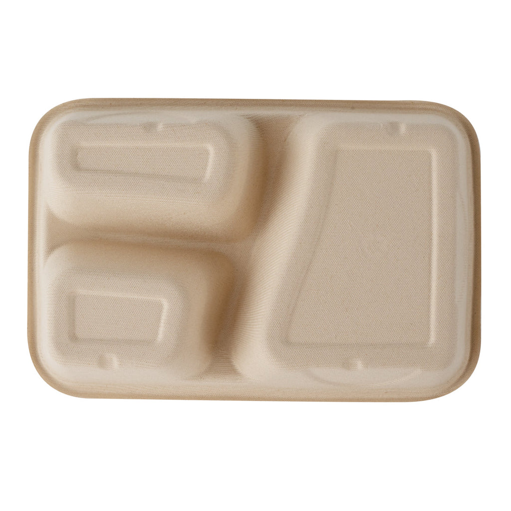 Pulp Tek 30 oz Rectangle Natural Sugarcane / Bagasse To Go Container - 3-Compartment - 9 1/2" x 6 1/4" x 1 3/4" - 100 count box