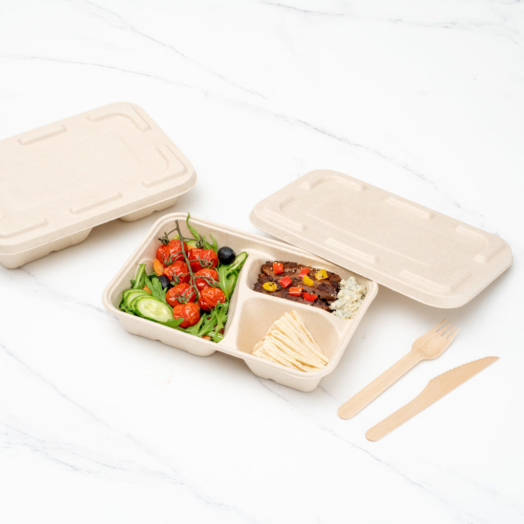 Pulp Tek 30 oz Rectangle Natural Sugarcane / Bagasse To Go Container - 3-Compartment - 9 1/2" x 6 1/4" x 1 3/4" - 100 count box