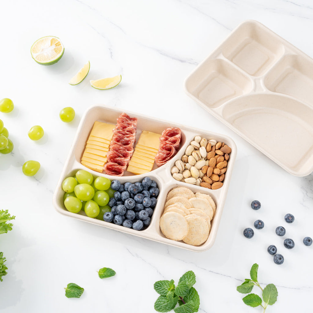 Pulp Tek 43 oz Rectangle Natural Sugarcane / Bagasse To Go Tray - 4-Compartment - 11" x 8 1/2" x 1 1/2" - 100 count box