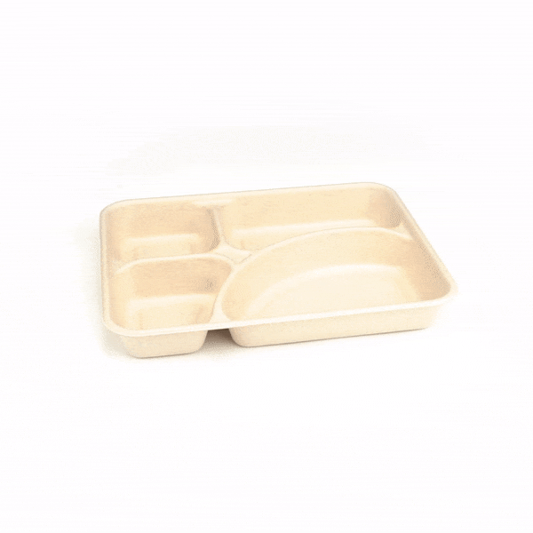 Pulp Tek 43 oz Rectangle Natural Sugarcane / Bagasse To Go Tray - 4-Compartment - 11" x 8 1/2" x 1 1/2" - 100 count box