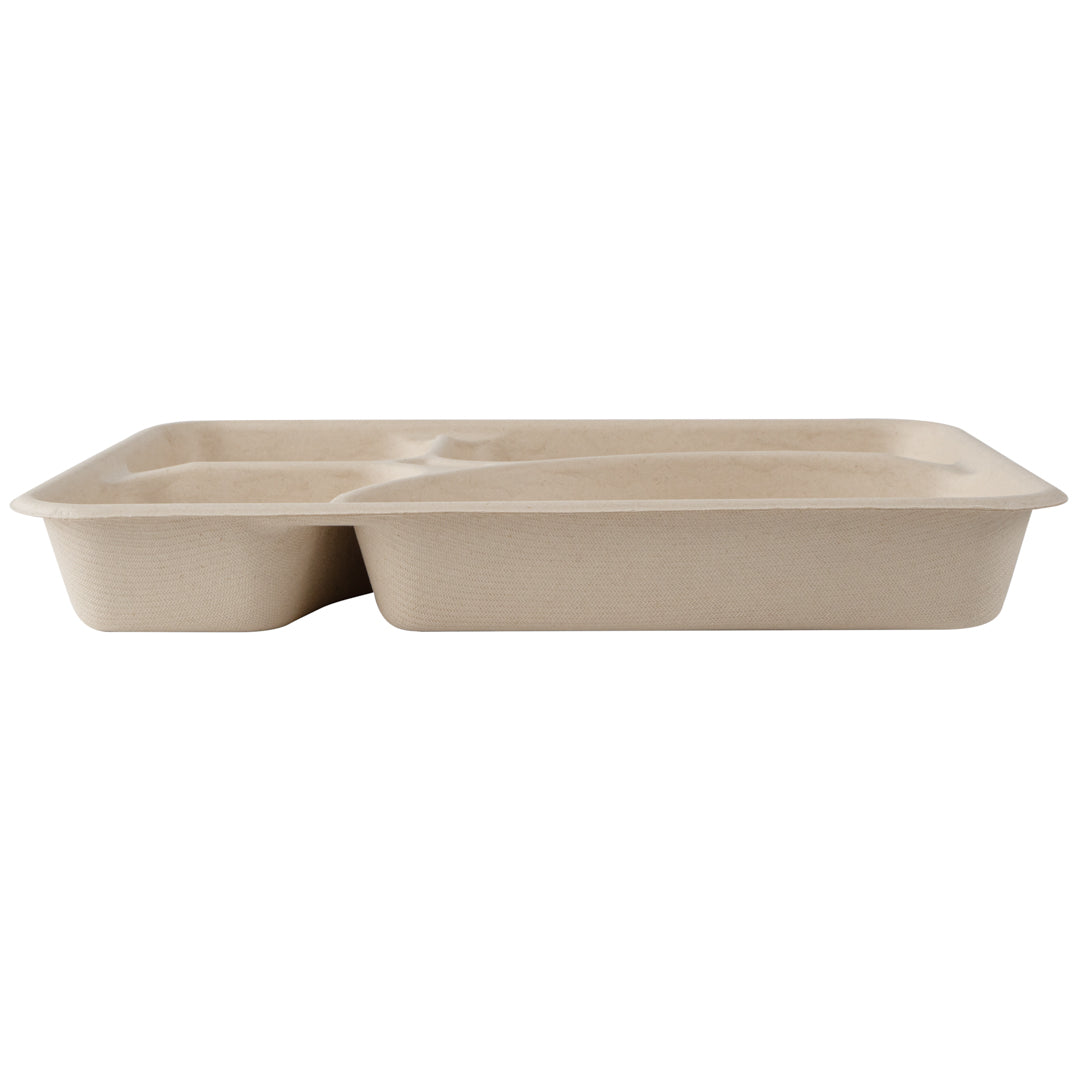 Pulp Tek 43 oz Rectangle Natural Sugarcane / Bagasse To Go Tray - 4-Compartment - 11" x 8 1/2" x 1 1/2" - 100 count box