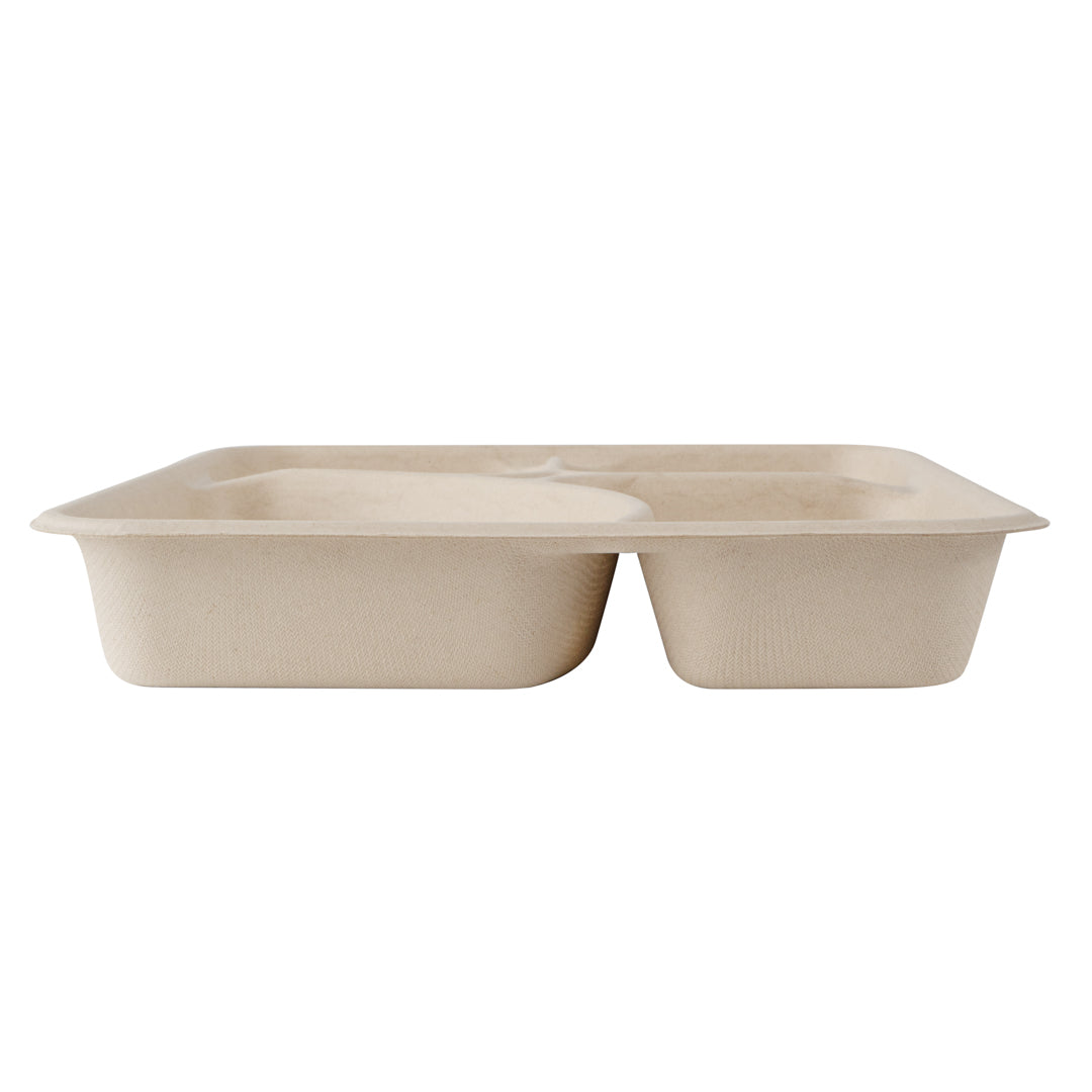 Pulp Tek 43 oz Rectangle Natural Sugarcane / Bagasse To Go Tray - 4-Compartment - 11" x 8 1/2" x 1 1/2" - 100 count box