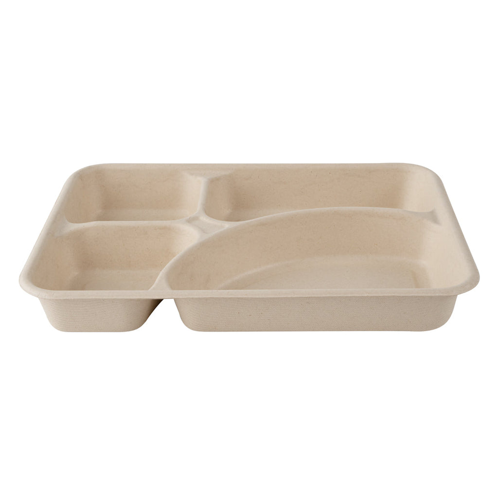Pulp Tek 43 oz Rectangle Natural Sugarcane / Bagasse To Go Tray - 4-Compartment - 11" x 8 1/2" x 1 1/2" - 100 count box
