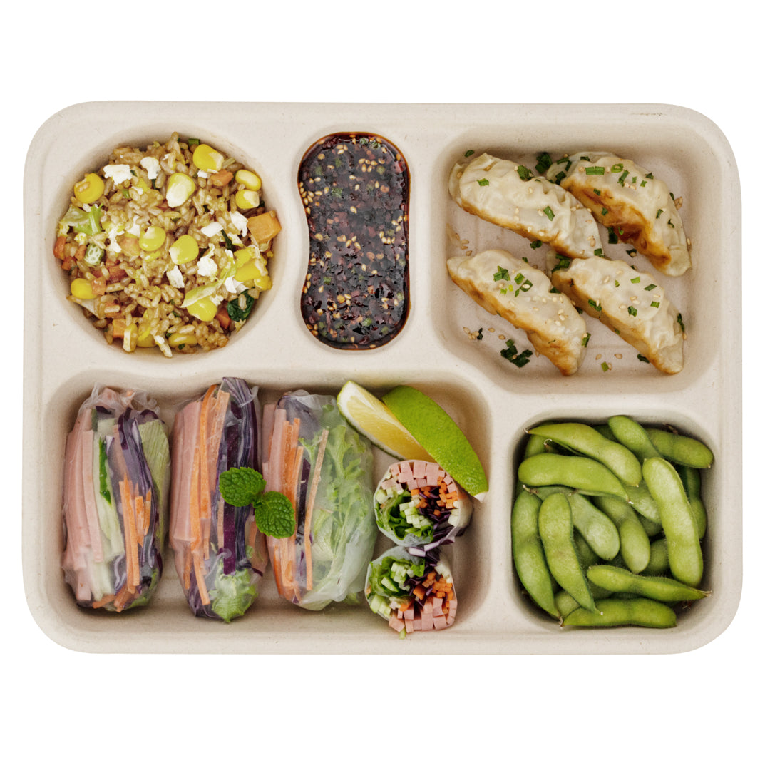 Pulp Tek 43 oz Rectangle Natural Bagasse To Go Tray - 5-Compartment - 11" x 8 1/2" x 1 1/2" - 100 count box