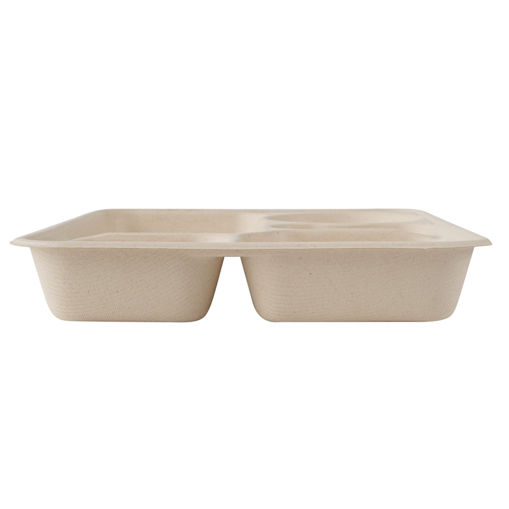 Pulp Tek 43 oz Rectangle Natural Bagasse To Go Tray - 5-Compartment - 11" x 8 1/2" x 1 1/2" - 100 count box