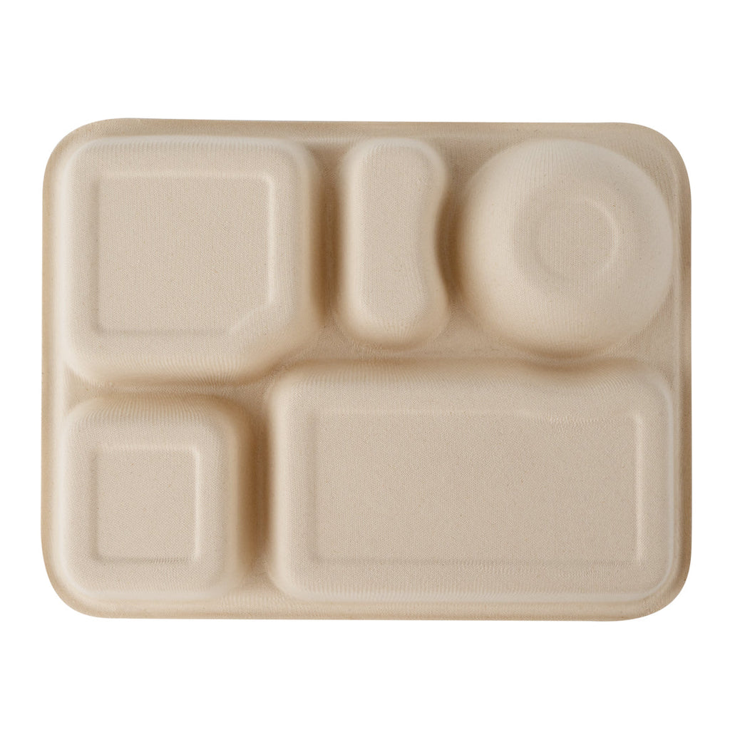 Pulp Tek 43 oz Rectangle Natural Bagasse To Go Tray - 5-Compartment - 11" x 8 1/2" x 1 1/2" - 100 count box