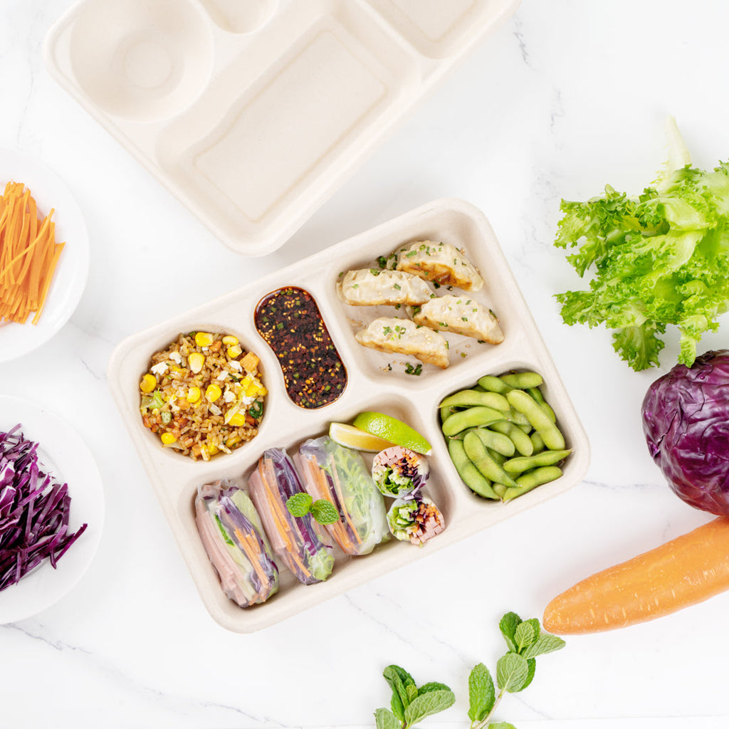 Pulp Tek 43 oz Rectangle Natural Bagasse To Go Tray - 5-Compartment - 11" x 8 1/2" x 1 1/2" - 100 count box