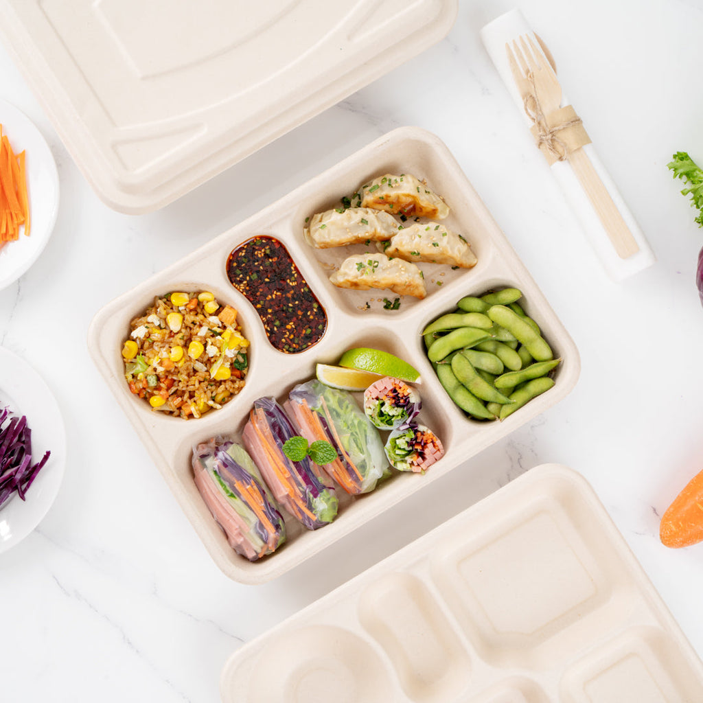 Pulp Tek 43 oz Rectangle Natural Bagasse To Go Tray - 5-Compartment - 11" x 8 1/2" x 1 1/2" - 100 count box