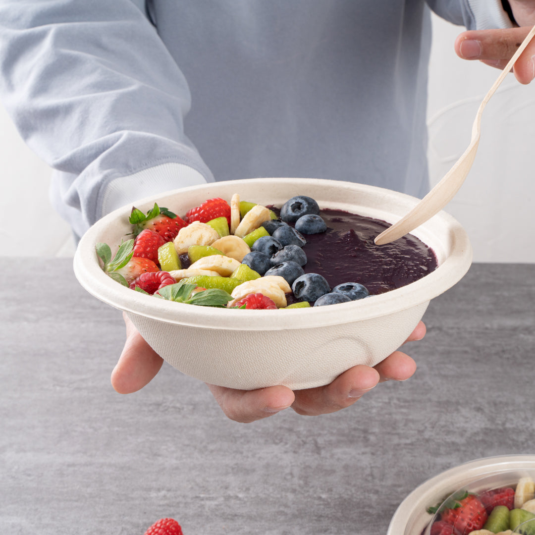 Pulp Tek 25 oz Round Natural Sugarcane / Bagasse Deco Bowl - 7" x 7" x 2" - 100 count box
