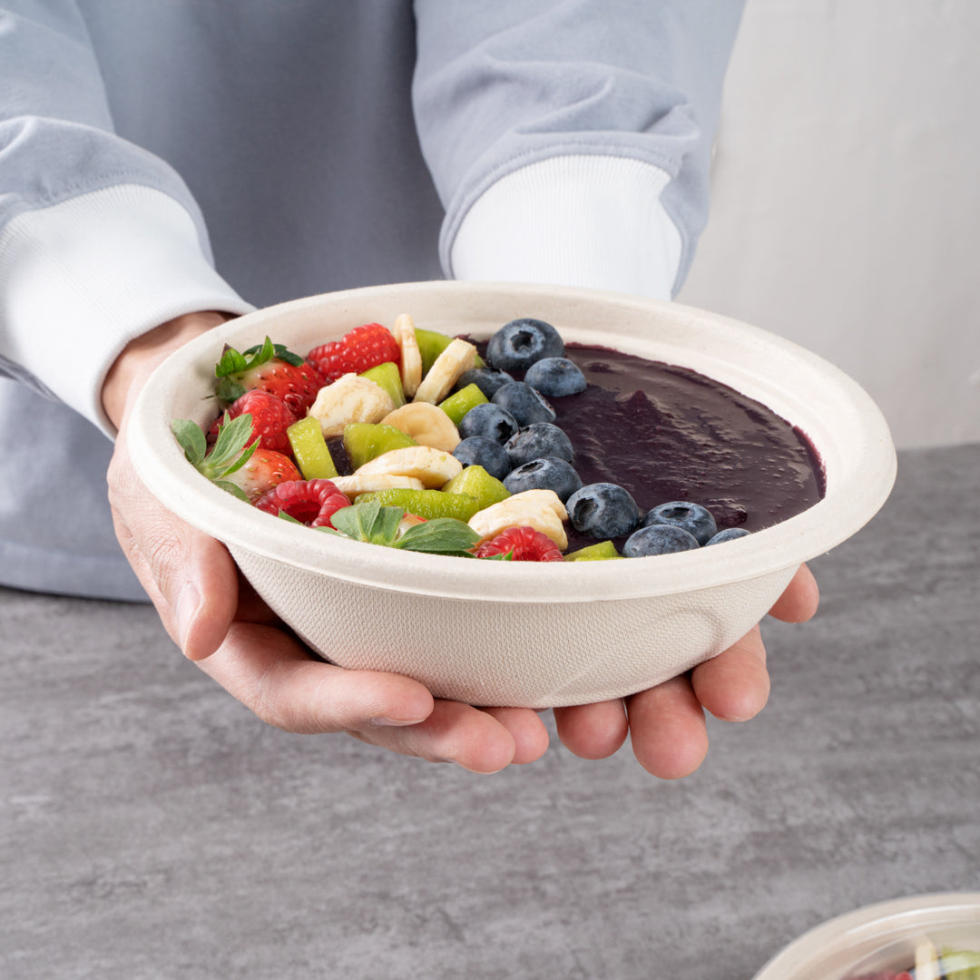 Pulp Tek 25 oz Round Natural Sugarcane / Bagasse Deco Bowl - 7" x 7" x 2" - 100 count box