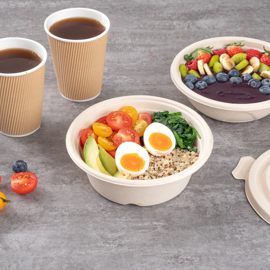 Pulp Tek 30 oz Round Natural Sugarcane / Bagasse To Go Bowl - 7" x 7" x 2 1/2" - 100 count box