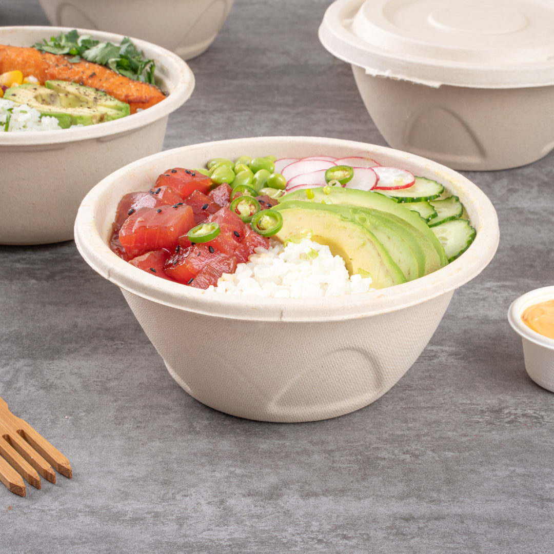 Pulp Tek 36 oz Round Natural Sugarcane / Bagasse Deco Bowl - 7" x 7" x 3 1/4" - 100 count box