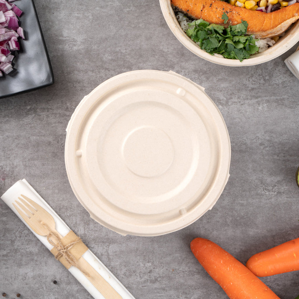Pulp Tek Round Natural Sugarcane / Bagasse Flat Lid - Fits To Go Bowl - 100 count box
