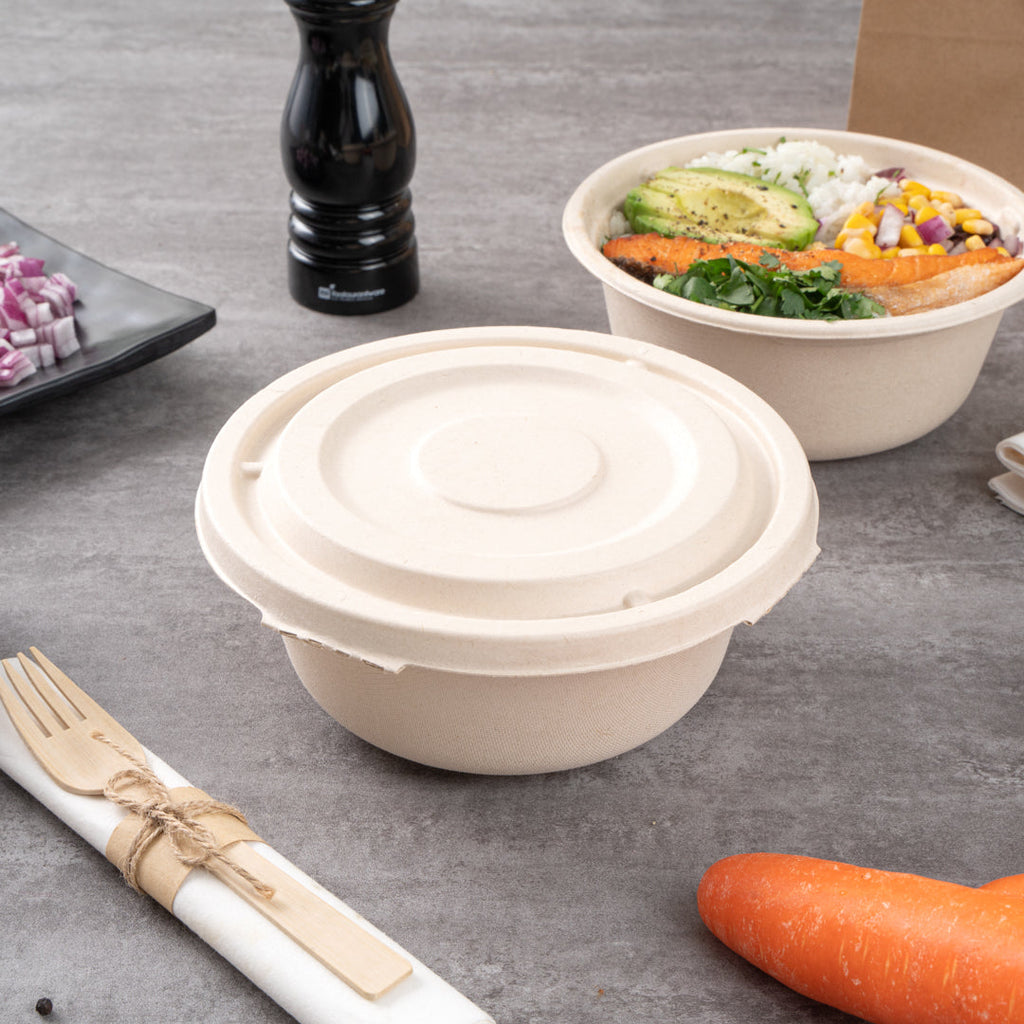 Pulp Tek Round Natural Sugarcane / Bagasse Flat Lid - Fits To Go Bowl - 100 count box