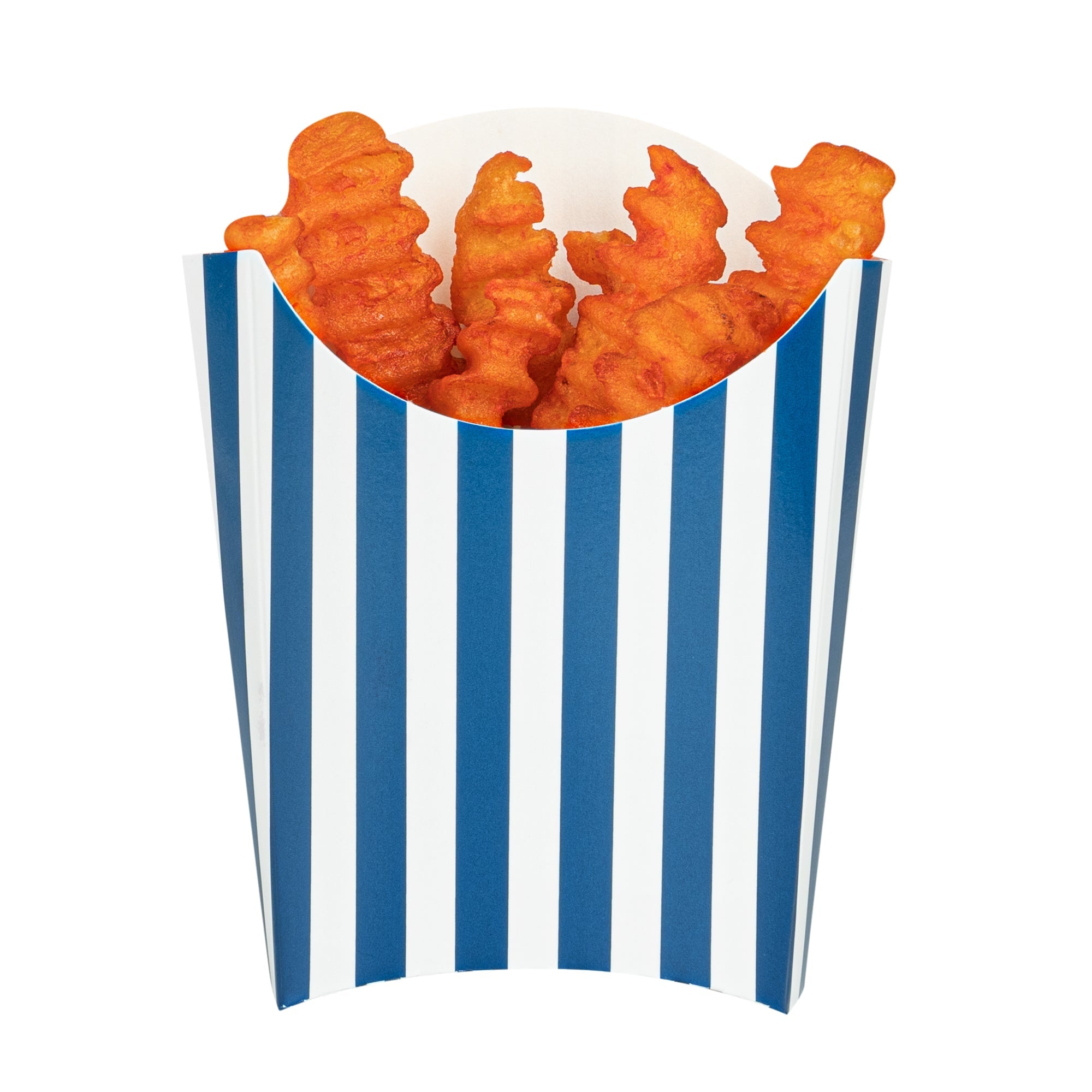 Bio Tek 2 oz Blue and White Stripe Paper Fry Cup / Snack Container - 4" x 2 3/4" x 3 1/2" - 100 count box