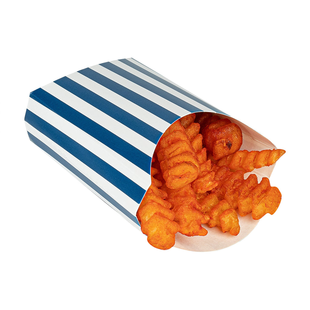 Bio Tek 2 oz Blue and White Stripe Paper Fry Cup / Snack Container - 4" x 2 3/4" x 3 1/2" - 100 count box