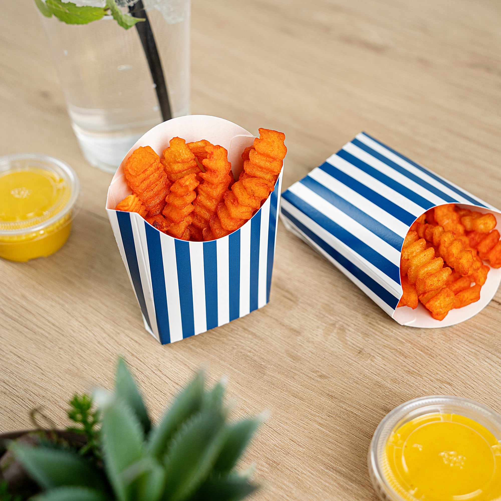 Bio Tek 2 oz Blue and White Stripe Paper Fry Cup / Snack Container - 4" x 2 3/4" x 3 1/2" - 100 count box