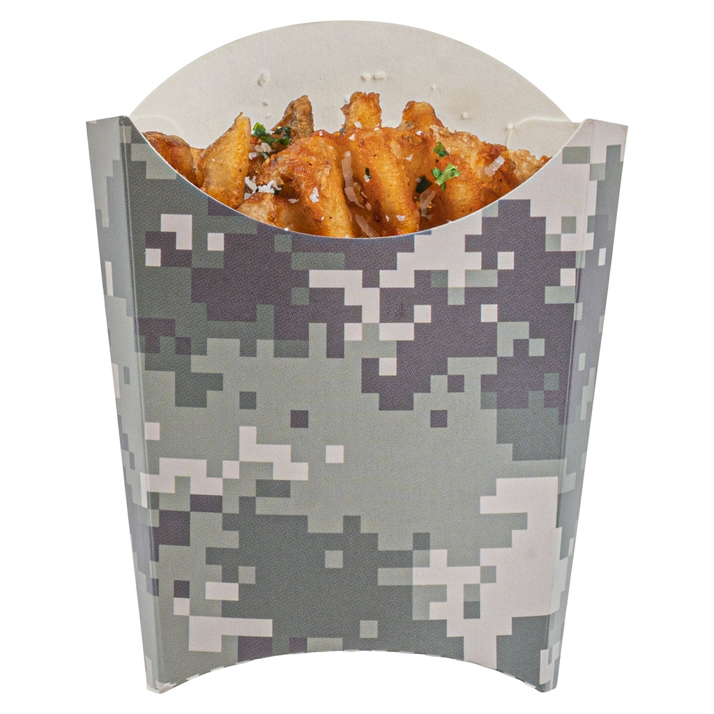 Bio Tek 2 oz Camouflage Paper Fry Cup / Snack Container - 4" x 2 3/4" x 3 1/2" - 100 count box