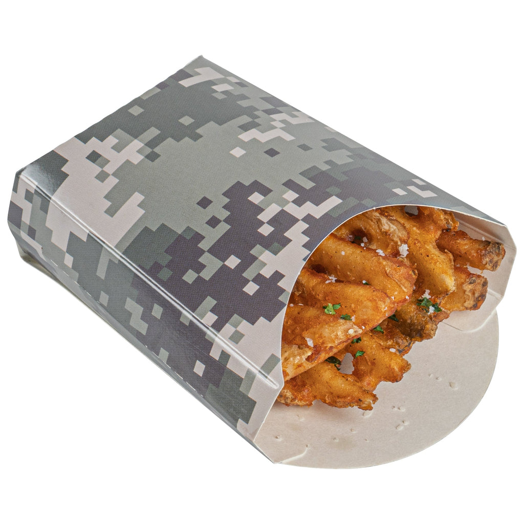 Bio Tek 2 oz Camouflage Paper Fry Cup / Snack Container - 4" x 2 3/4" x 3 1/2" - 100 count box