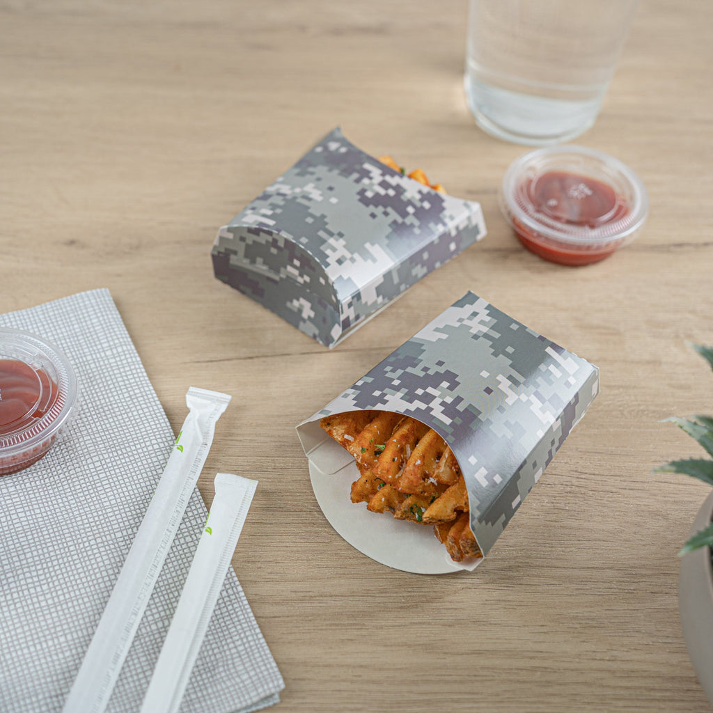 Bio Tek 2 oz Camouflage Paper Fry Cup / Snack Container - 4" x 2 3/4" x 3 1/2" - 100 count box