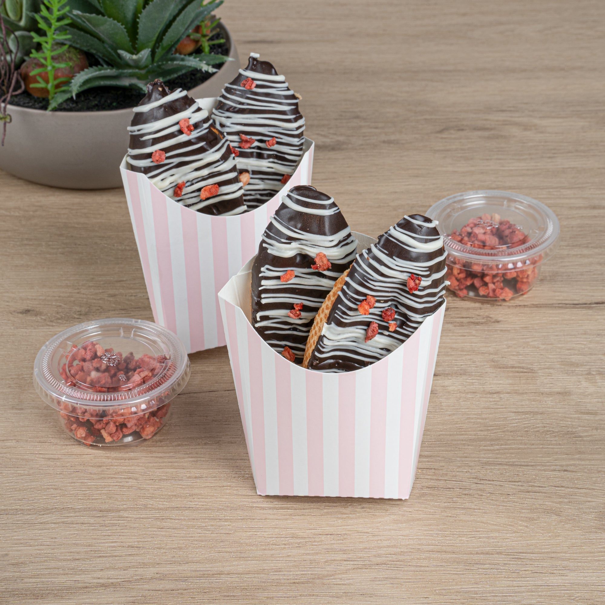 Bio Tek 2 oz Pink and White Stripe Paper Fry Cup / Snack Container - 4" x 2 3/4" x 3 1/2" - 100 count box