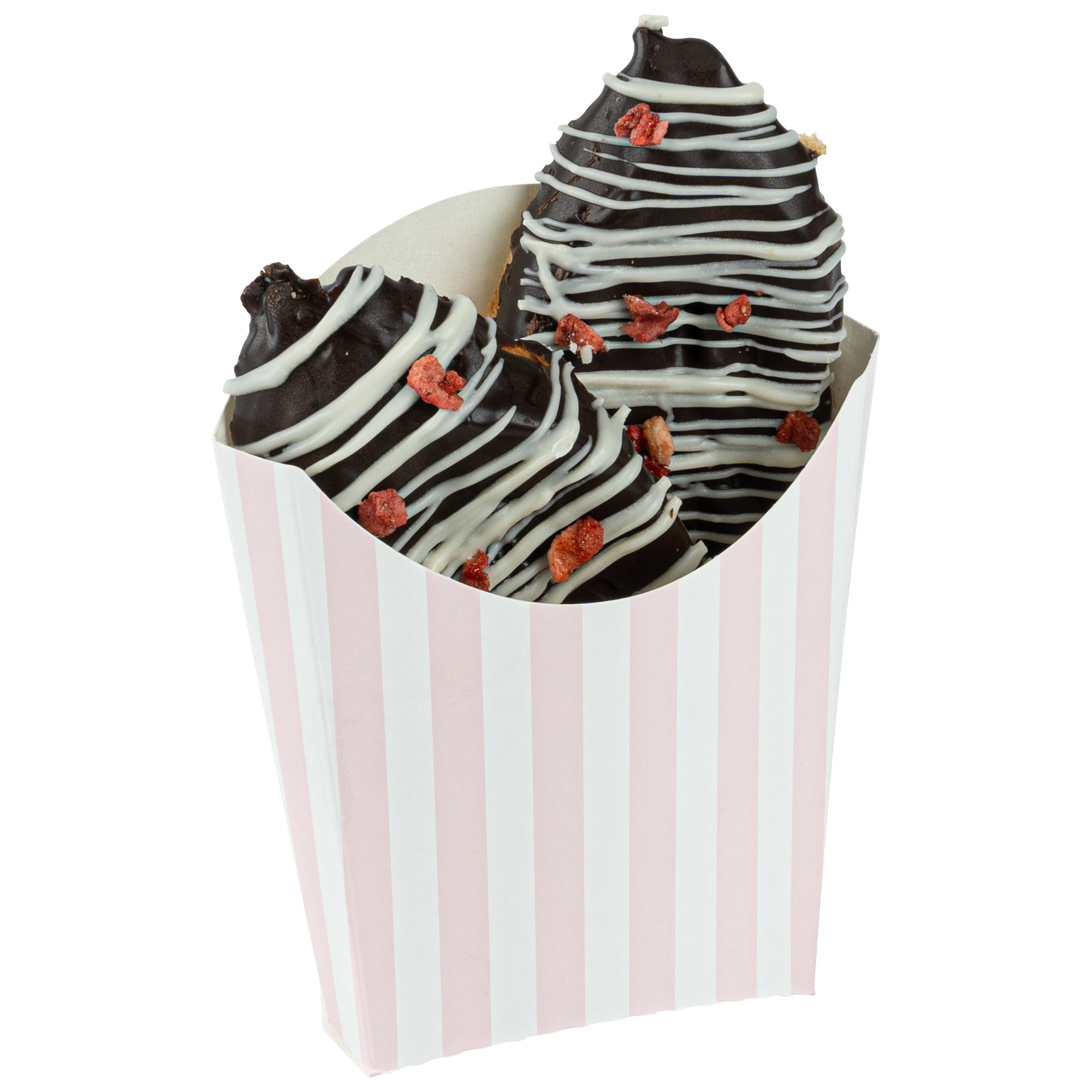 Bio Tek 2 oz Pink and White Stripe Paper Fry Cup / Snack Container - 4" x 2 3/4" x 3 1/2" - 100 count box
