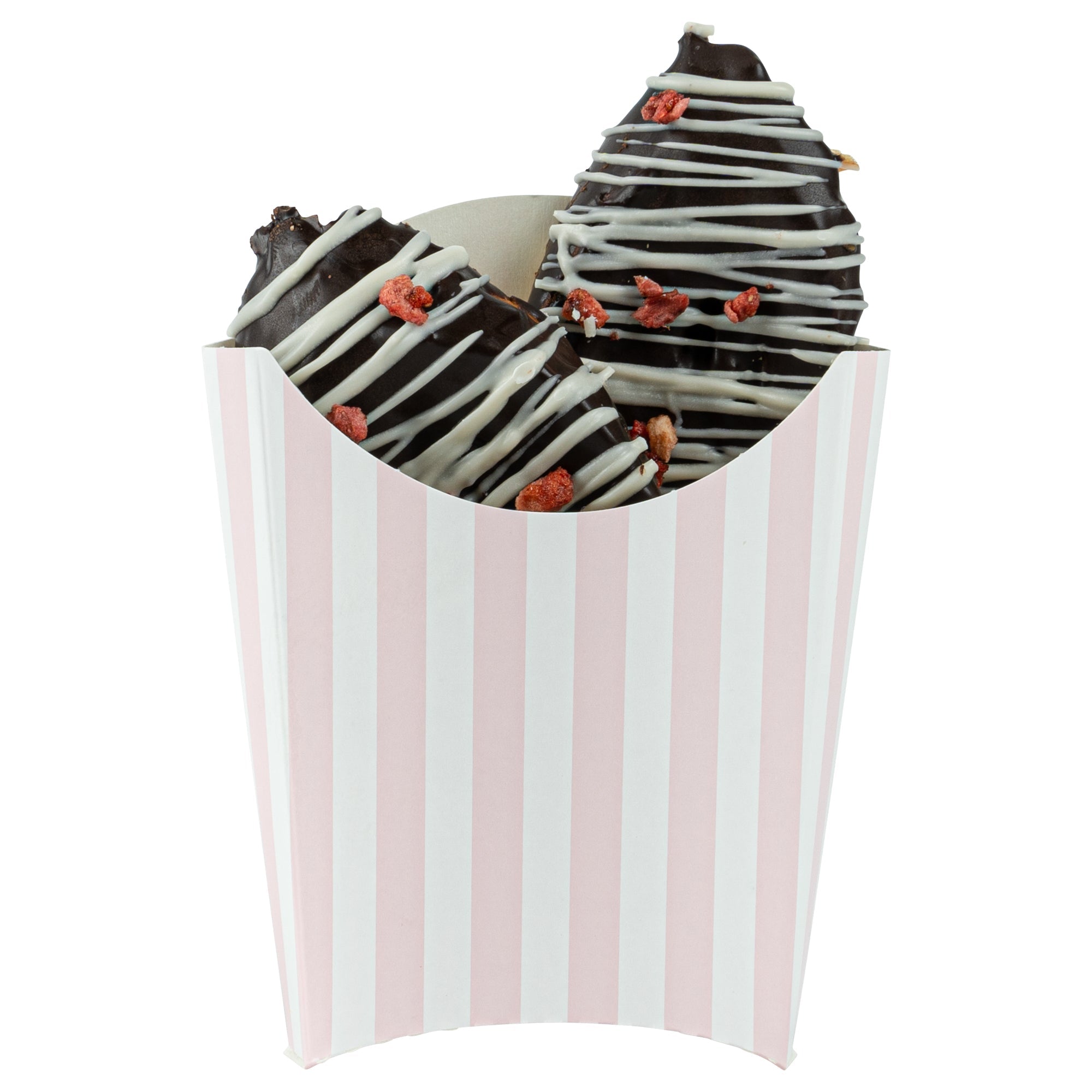 Bio Tek 2 oz Pink and White Stripe Paper Fry Cup / Snack Container - 4" x 2 3/4" x 3 1/2" - 100 count box