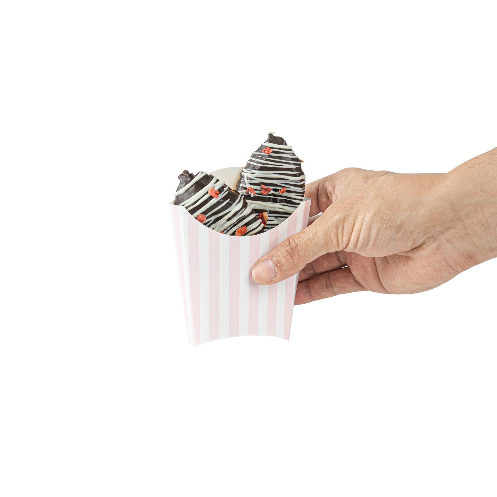 Bio Tek 2 oz Pink and White Stripe Paper Fry Cup / Snack Container - 4" x 2 3/4" x 3 1/2" - 100 count box