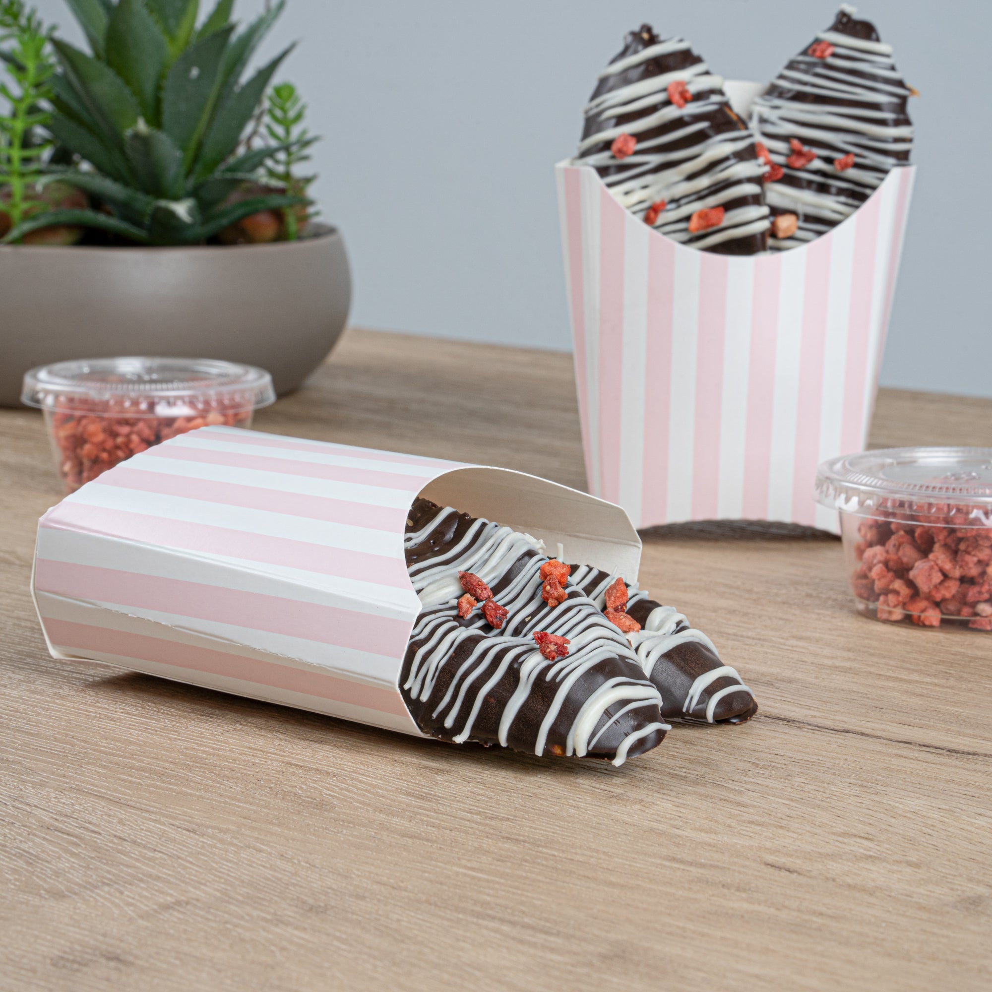 Bio Tek 2 oz Pink and White Stripe Paper Fry Cup / Snack Container - 4" x 2 3/4" x 3 1/2" - 100 count box