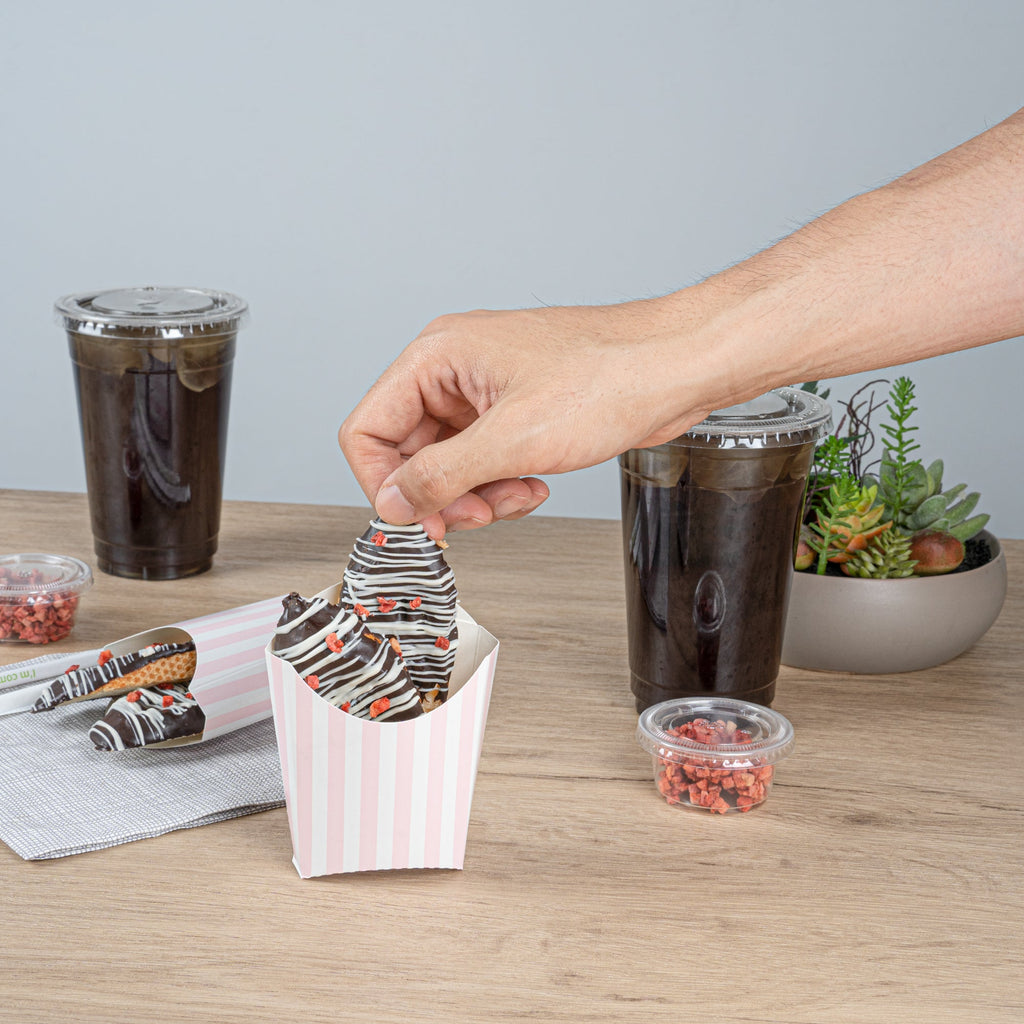 Bio Tek 2 oz Pink and White Stripe Paper Fry Cup / Snack Container - 4" x 2 3/4" x 3 1/2" - 100 count box