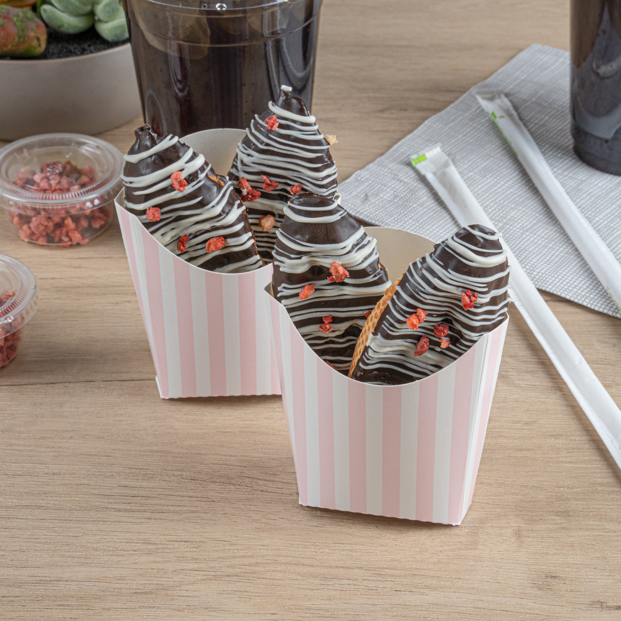 Bio Tek 2 oz Pink and White Stripe Paper Fry Cup / Snack Container - 4" x 2 3/4" x 3 1/2" - 100 count box