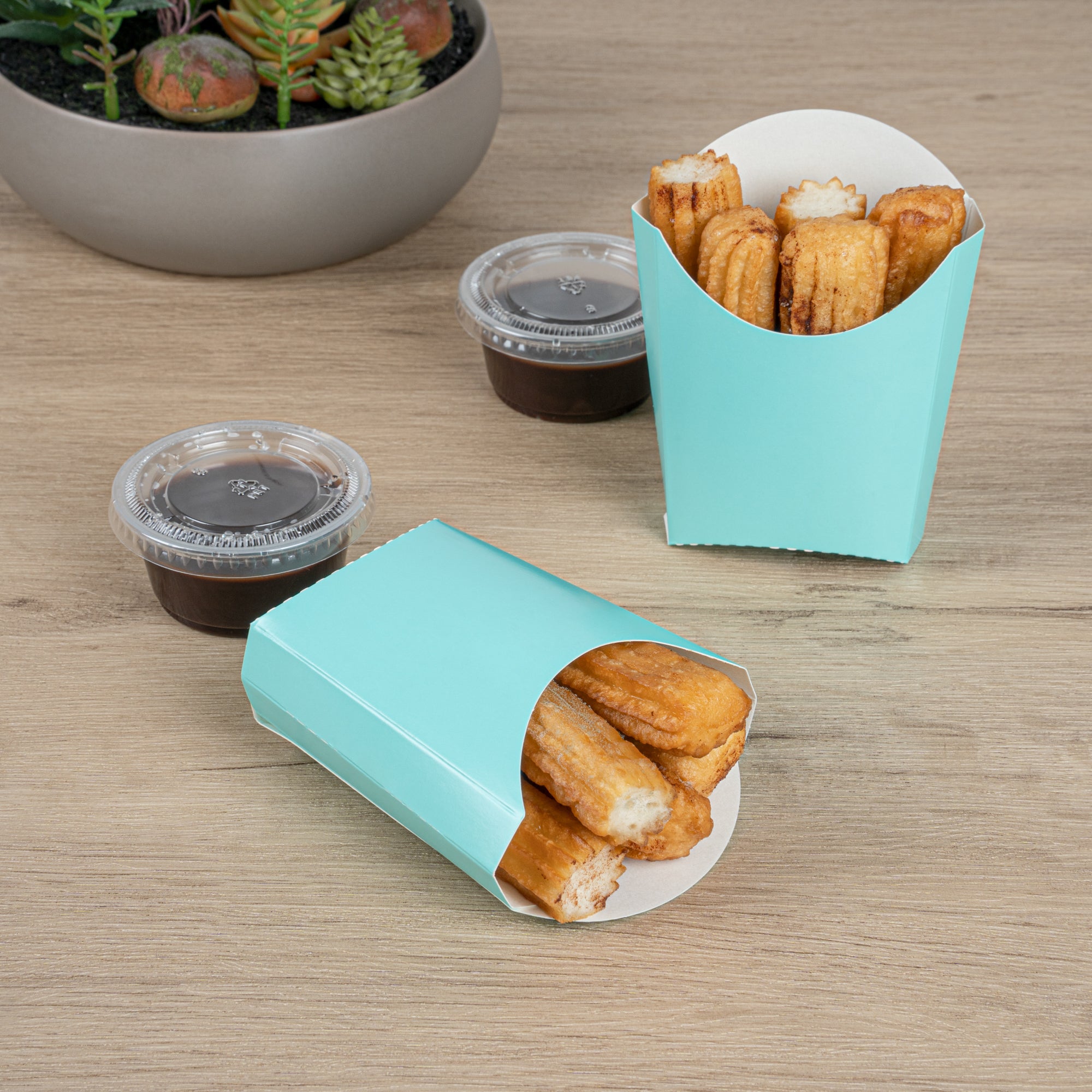 Bio Tek 2 oz Turquoise Paper Fry Cup / Snack Container - 4" x 2 3/4" x 3 1/2" - 100 count box