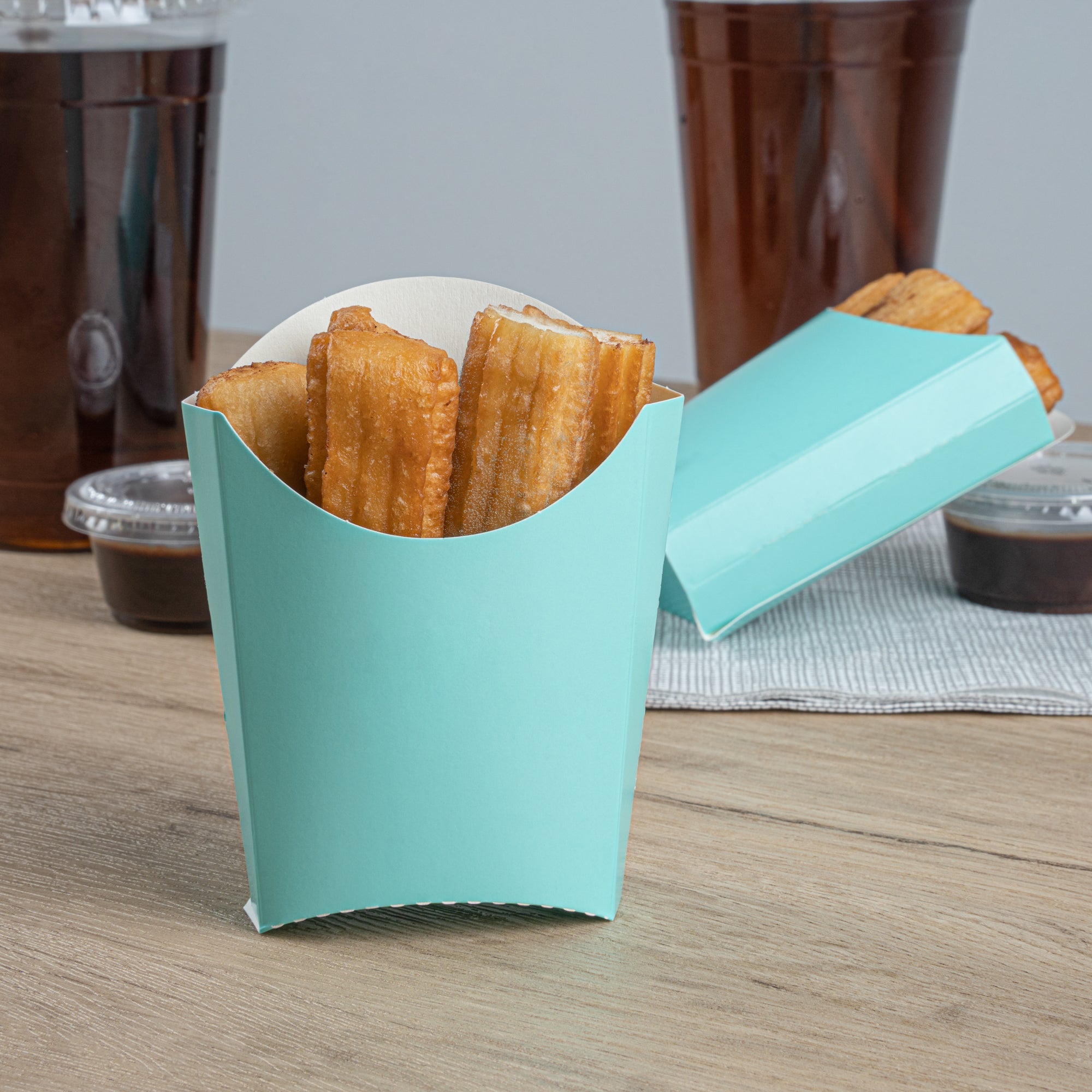Bio Tek 2 oz Turquoise Paper Fry Cup / Snack Container - 4" x 2 3/4" x 3 1/2" - 100 count box