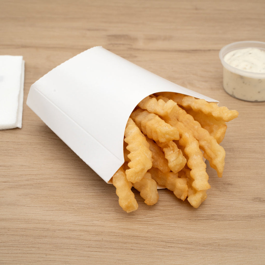 Bio Tek 2 oz White Paper Fry Cup / Snack Container - 4" x 2 3/4" x 3 1/2" - 100 count box