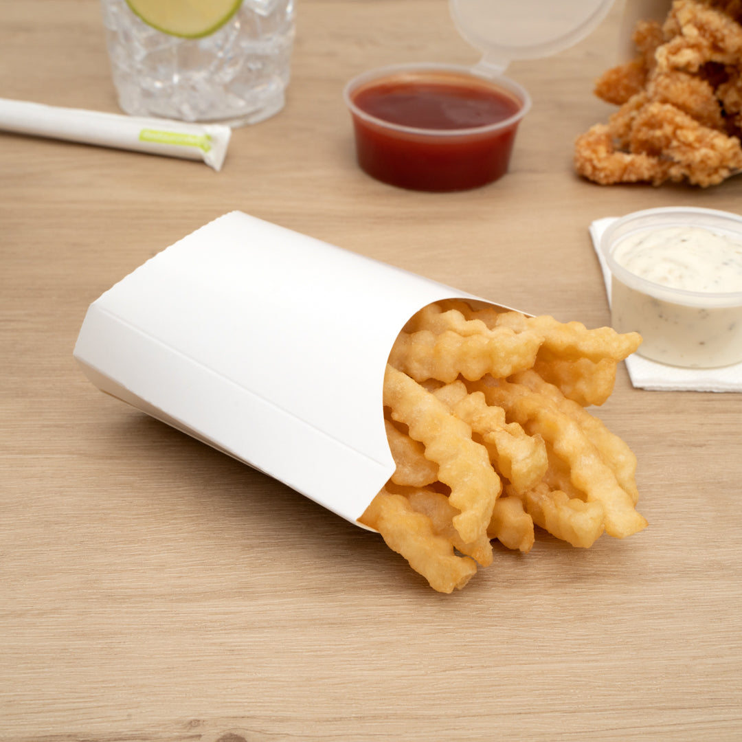 Bio Tek 2 oz White Paper Fry Cup / Snack Container - 4" x 2 3/4" x 3 1/2" - 100 count box