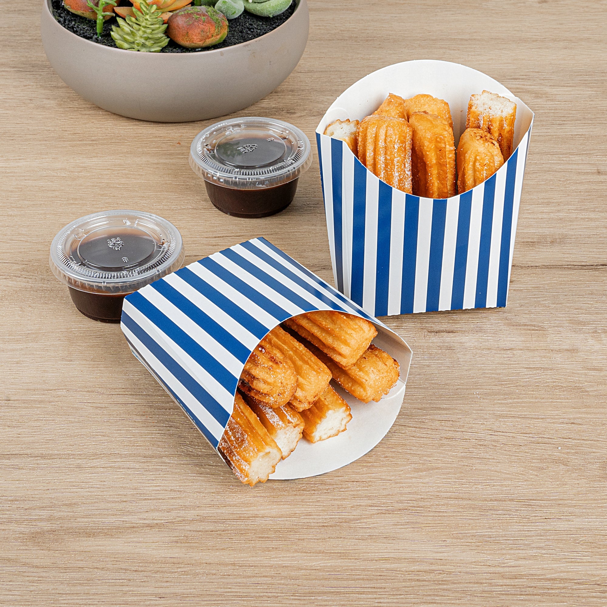 Bio Tek 3 oz Blue and White Stripe Paper Fry Cup / Snack Container - 4 1/2" x 3 1/4" x 3 3/4" - 100 count box