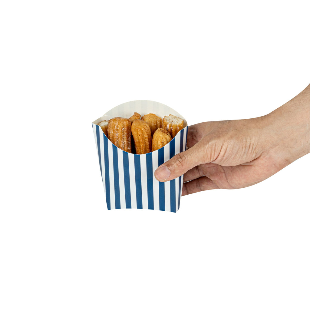 Bio Tek 3 oz Blue and White Stripe Paper Fry Cup / Snack Container - 4 1/2" x 3 1/4" x 3 3/4" - 100 count box