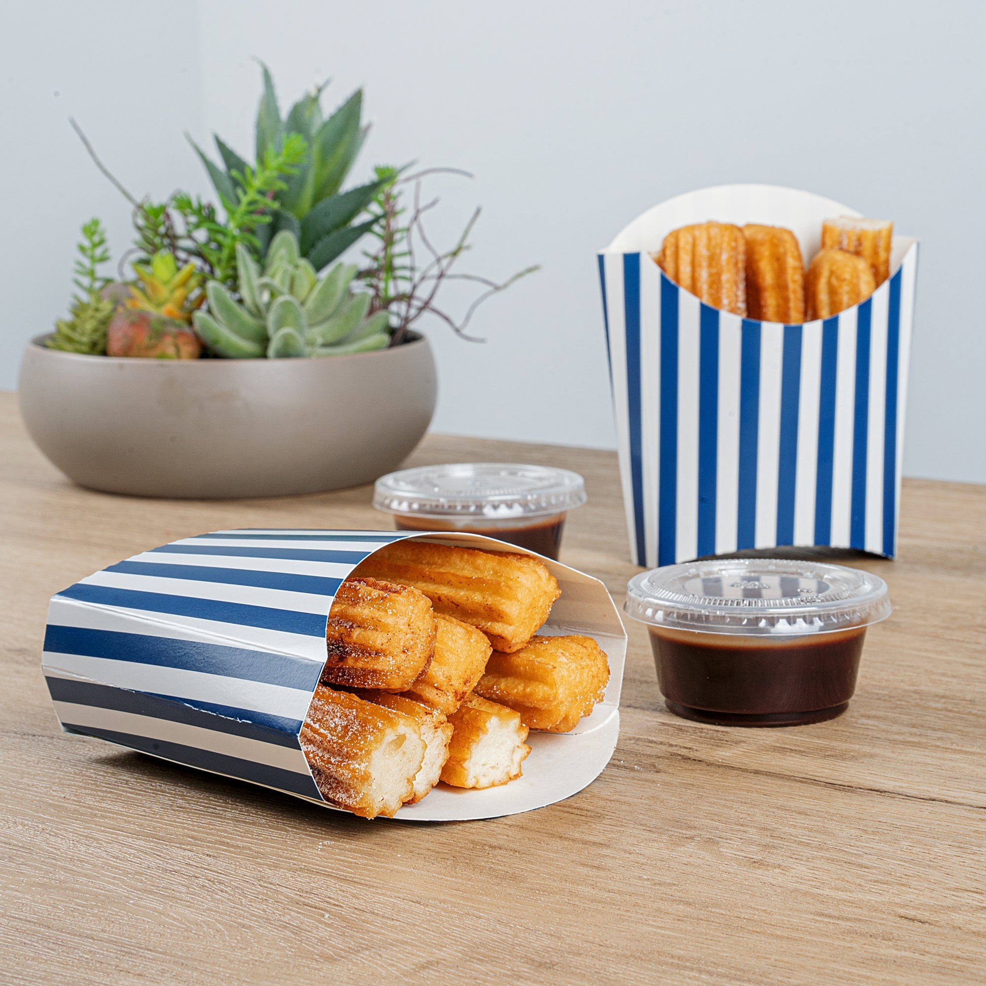 Bio Tek 3 oz Blue and White Stripe Paper Fry Cup / Snack Container - 4 1/2" x 3 1/4" x 3 3/4" - 100 count box