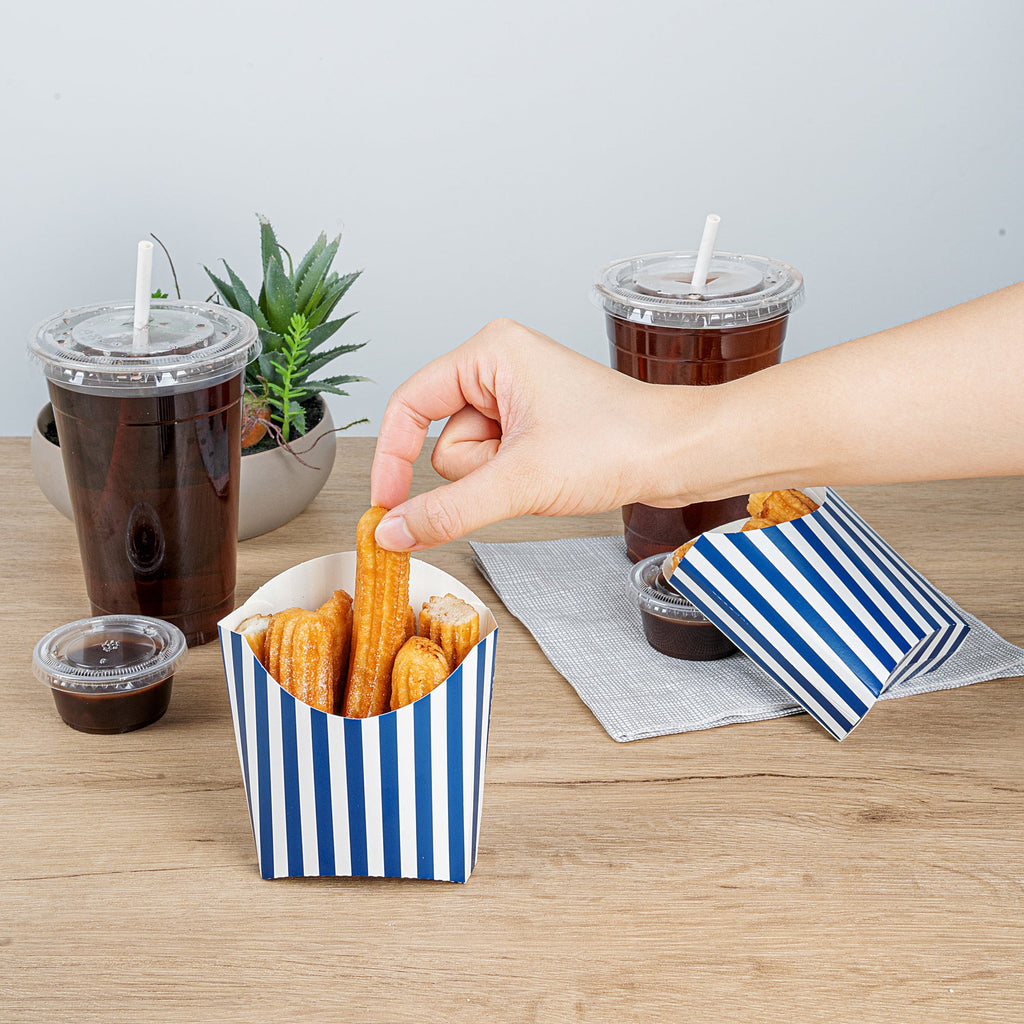 Bio Tek 3 oz Blue and White Stripe Paper Fry Cup / Snack Container - 4 1/2" x 3 1/4" x 3 3/4" - 100 count box