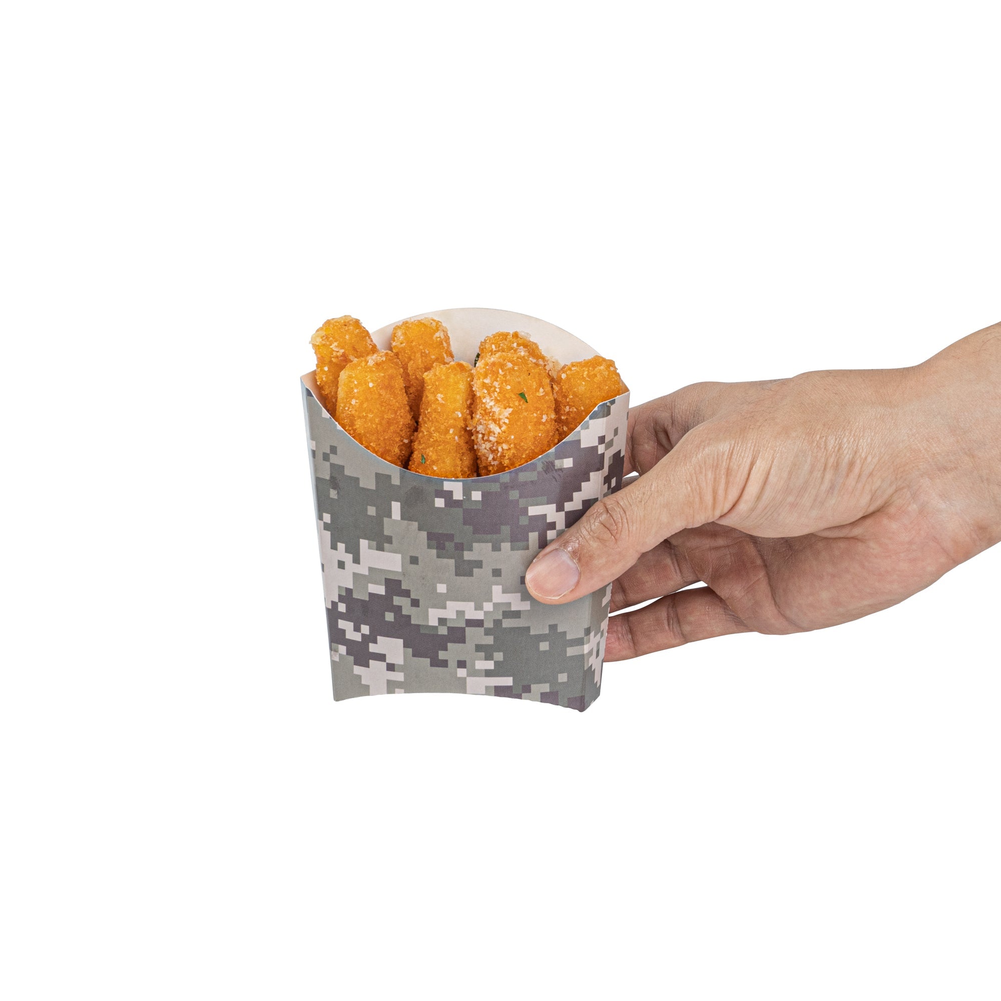 Bio Tek 3 oz Camouflage Paper Fry Cup / Snack Container - 4 1/2" x 3 1/4" x 3 3/4" - 100 count box