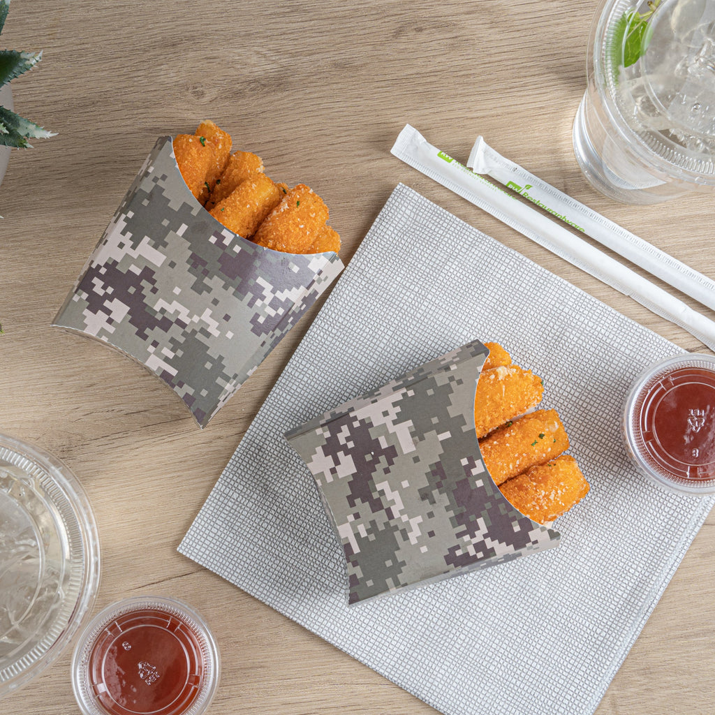 Bio Tek 3 oz Camouflage Paper Fry Cup / Snack Container - 4 1/2" x 3 1/4" x 3 3/4" - 100 count box